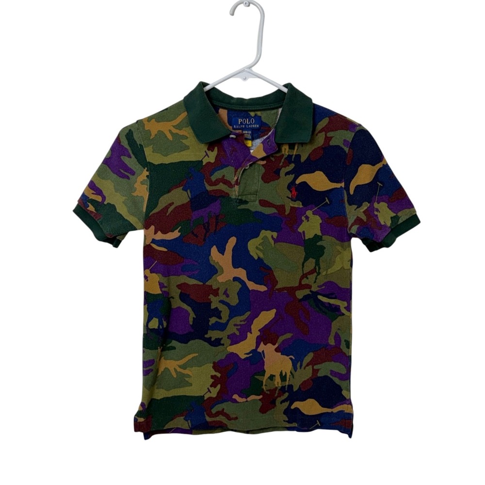 Polo Ralph Lauren Green Purple Allover Pony Camo Print Preppt Polo, M (10-12)